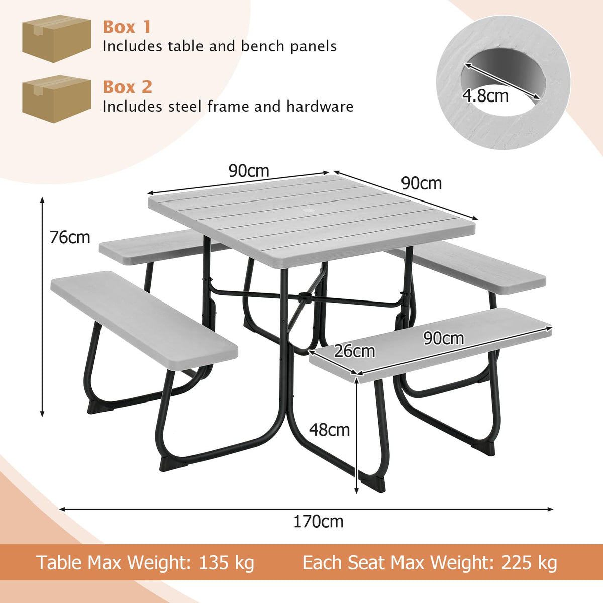 8-person Square Picnic Table Bench Set with 4 Benches 225 KG Capacity
