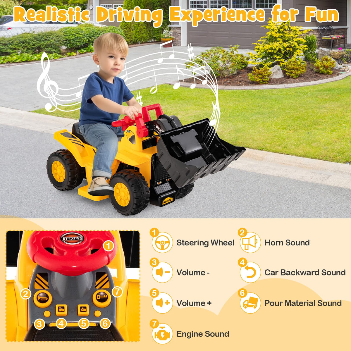 Kids Ride on Excavator, 6V Kids Electric Construction Vehicle w/Controllable Digging Bucket