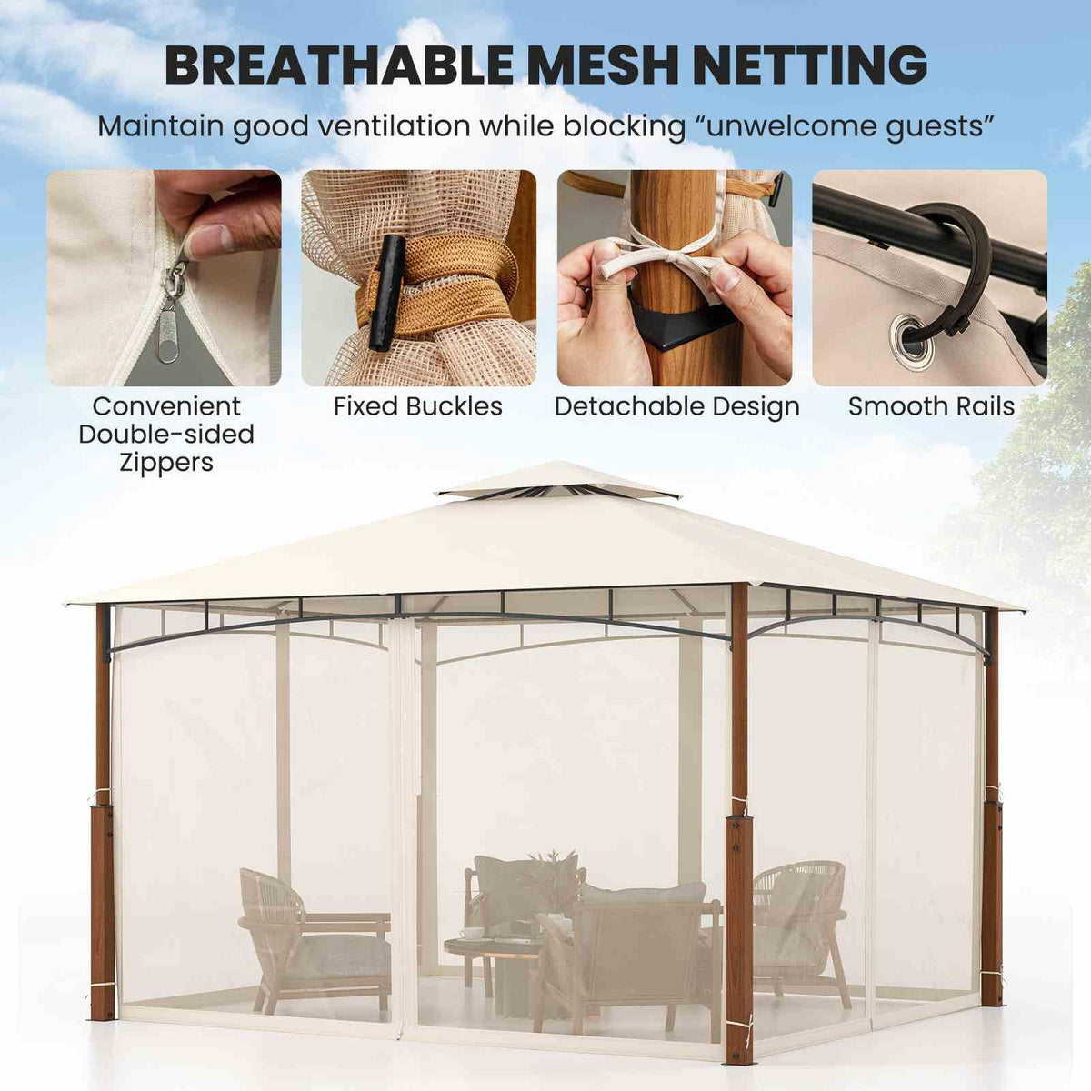 3.6M x 3M Outdoor Patio Gazebo with Netting and 2-Tier Canopy Roof