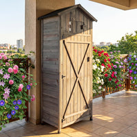 Wood Garden Storage Shed with Lockable Barn Door and Removable Shelves for Outdoor