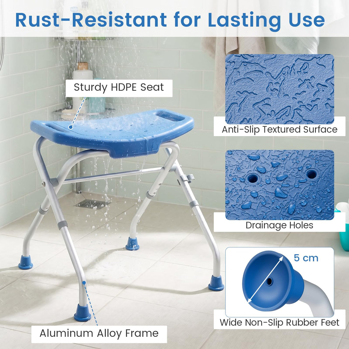 Folding Shower Chair, Aluminum Alloy Shower Seat for Inside Shower and Bath Tub