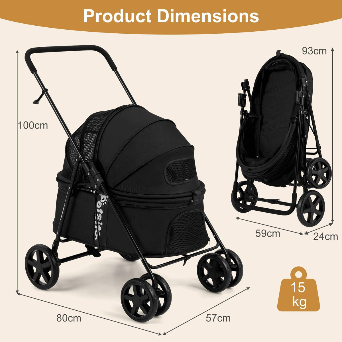 Pet Stroller for Dogs with 360 Swivel Wheels and One Step Brake
