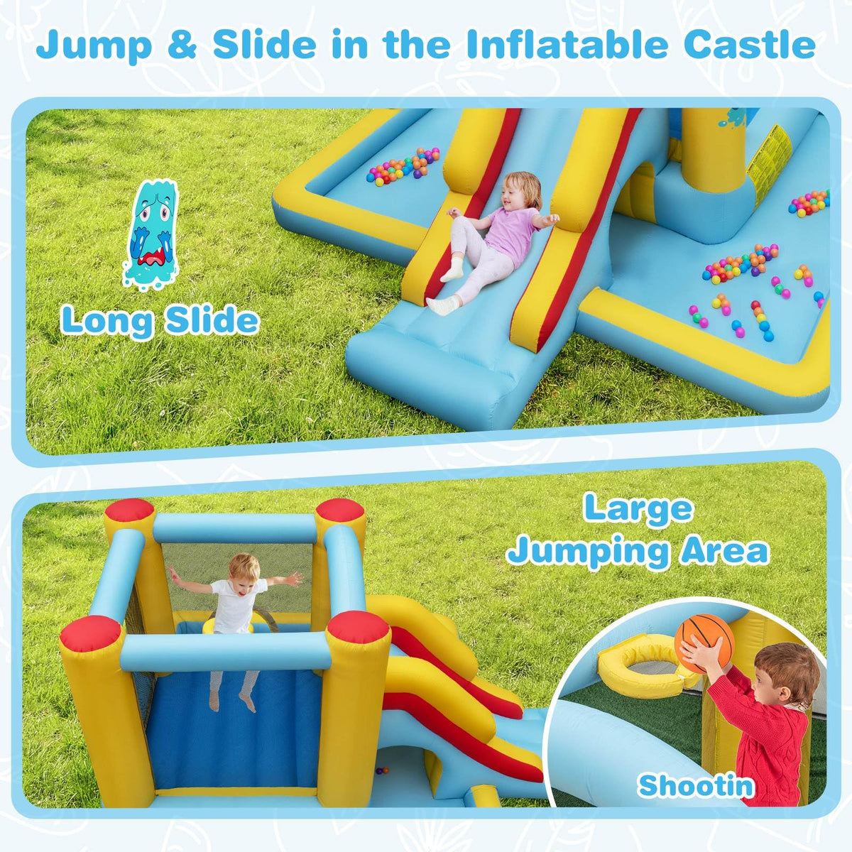 Inflatable Bounce House, 7-in-1 Giant Bouncy Castle with Slide, Tunnel, Basketball Hoop & Ring-toss Game (without Blower)