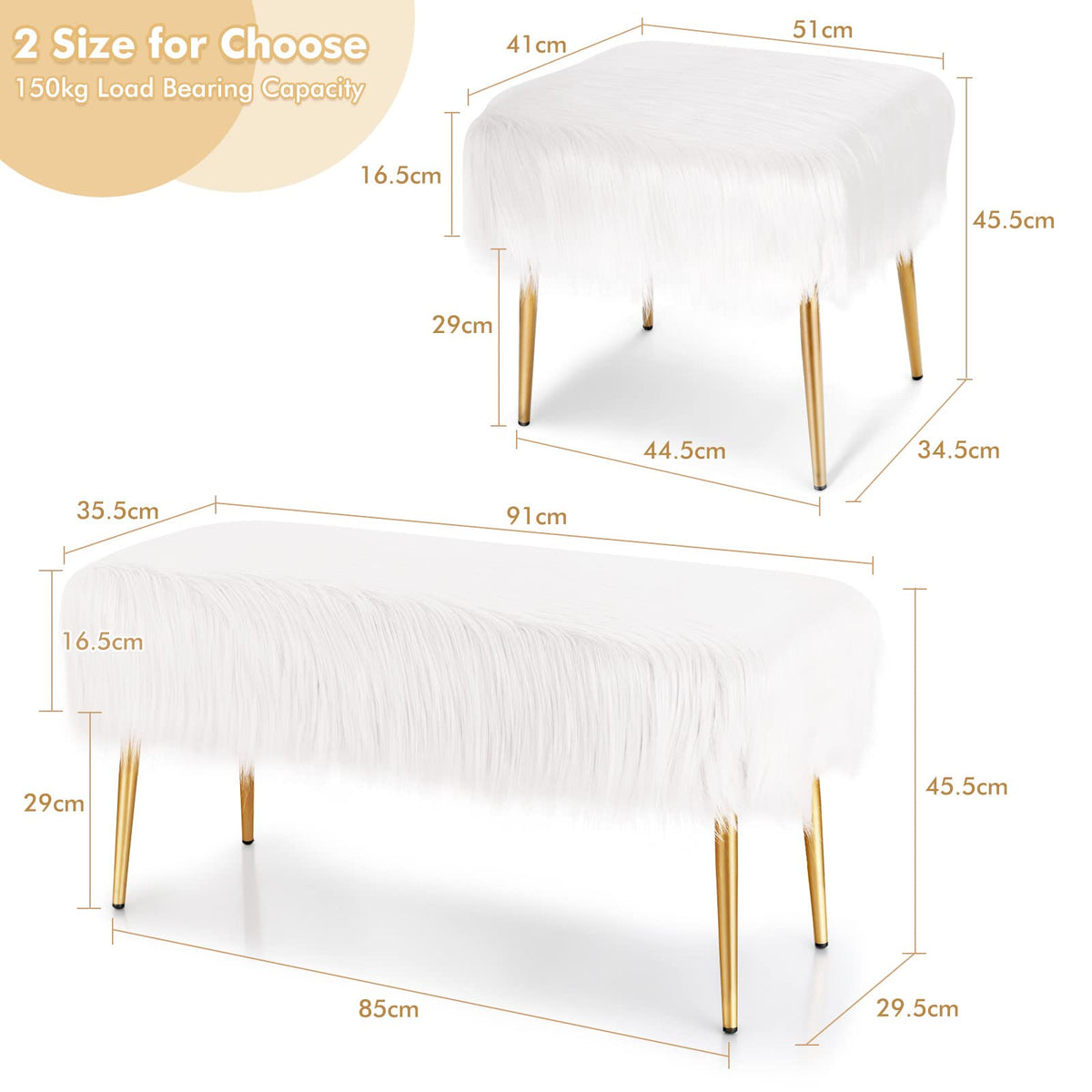 Giantex Faux Fur Vanity Stool, Square Furry Ottoman Seat w/Golden Metal Legs