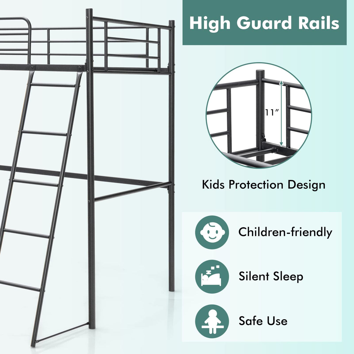 Twin Metal Loft Bed, Heavy-Duty Loft Bed Frame with Ladder & Safety Guard Rails