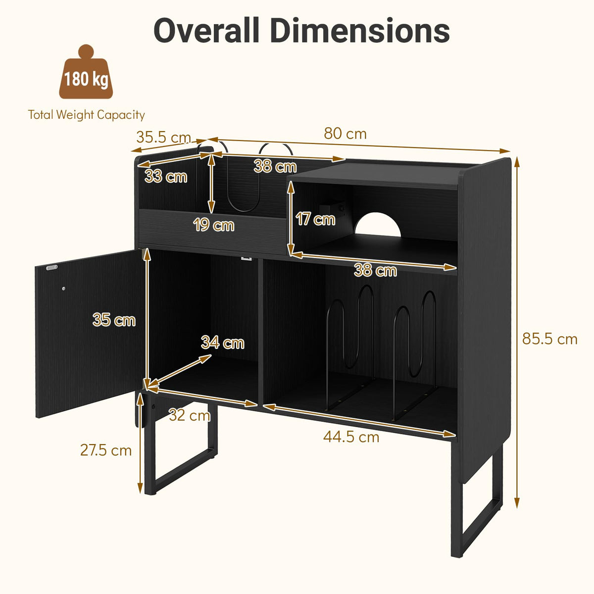 Record Player Stand with Power Outlets and Vinyl Storage Holder