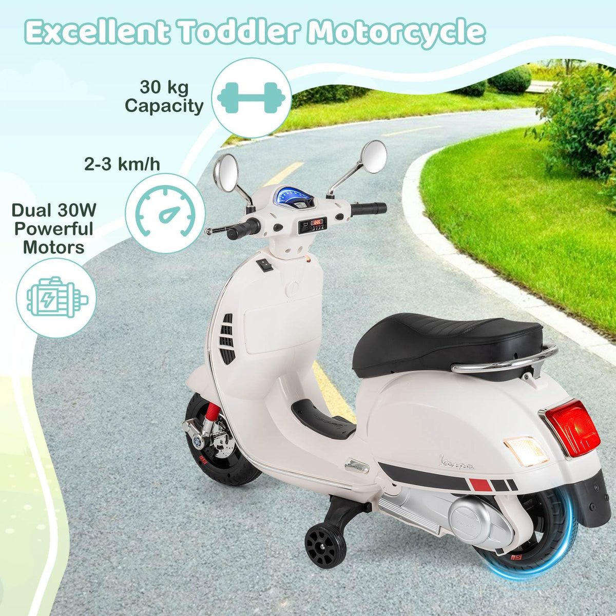 Licensed VESPA 12V Kids Electric Motorcycle with Dual Motors