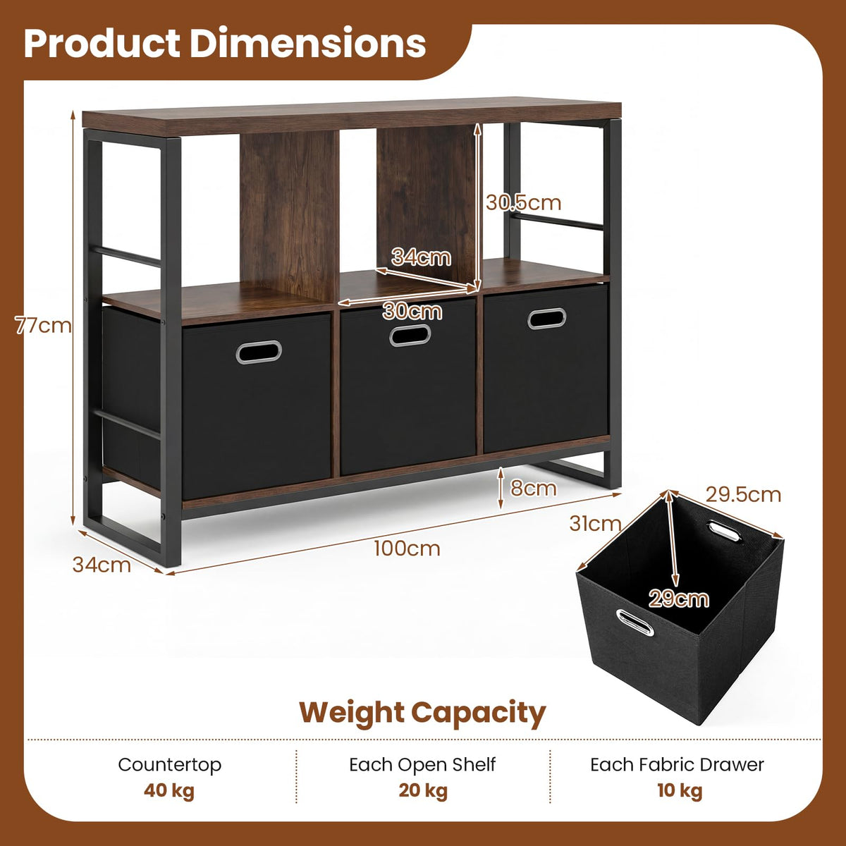 6 Cube Storage Organizer with 3 Bins Industrial Metal Frame Bookshelf 2-Tier