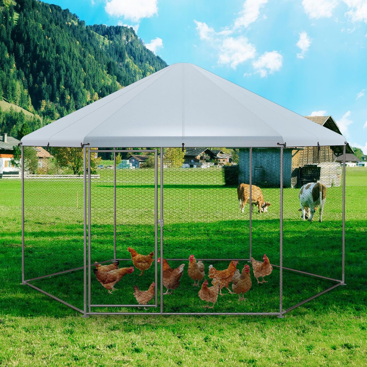 Metal Chicken Coop, Chicken Run House Spire-Shaped Cage w/Wire Mesh & Lockable Door for Duck