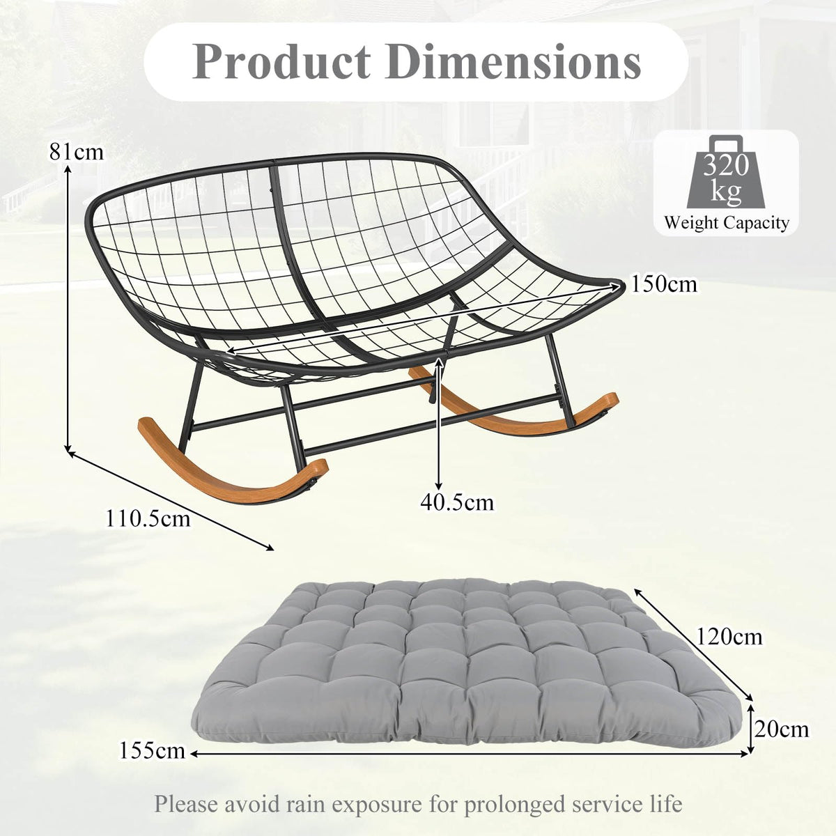 150 cm Double Papasan Rocking Chair with Thick Cushion for 2
