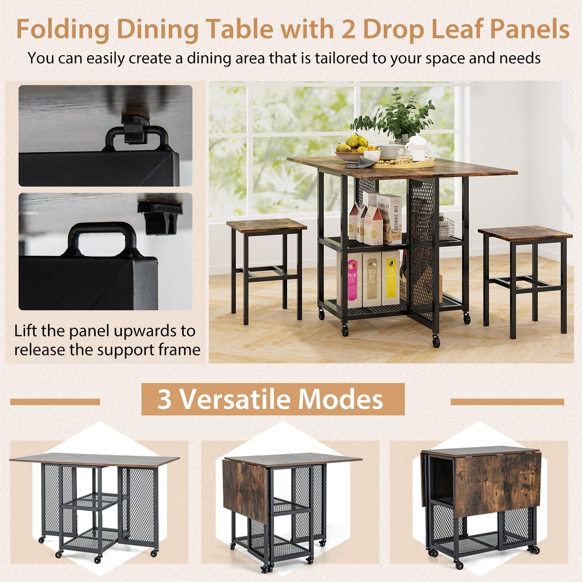 Giantex Drop Leaf Expandable Dining Table & 2 Stools for Small Place