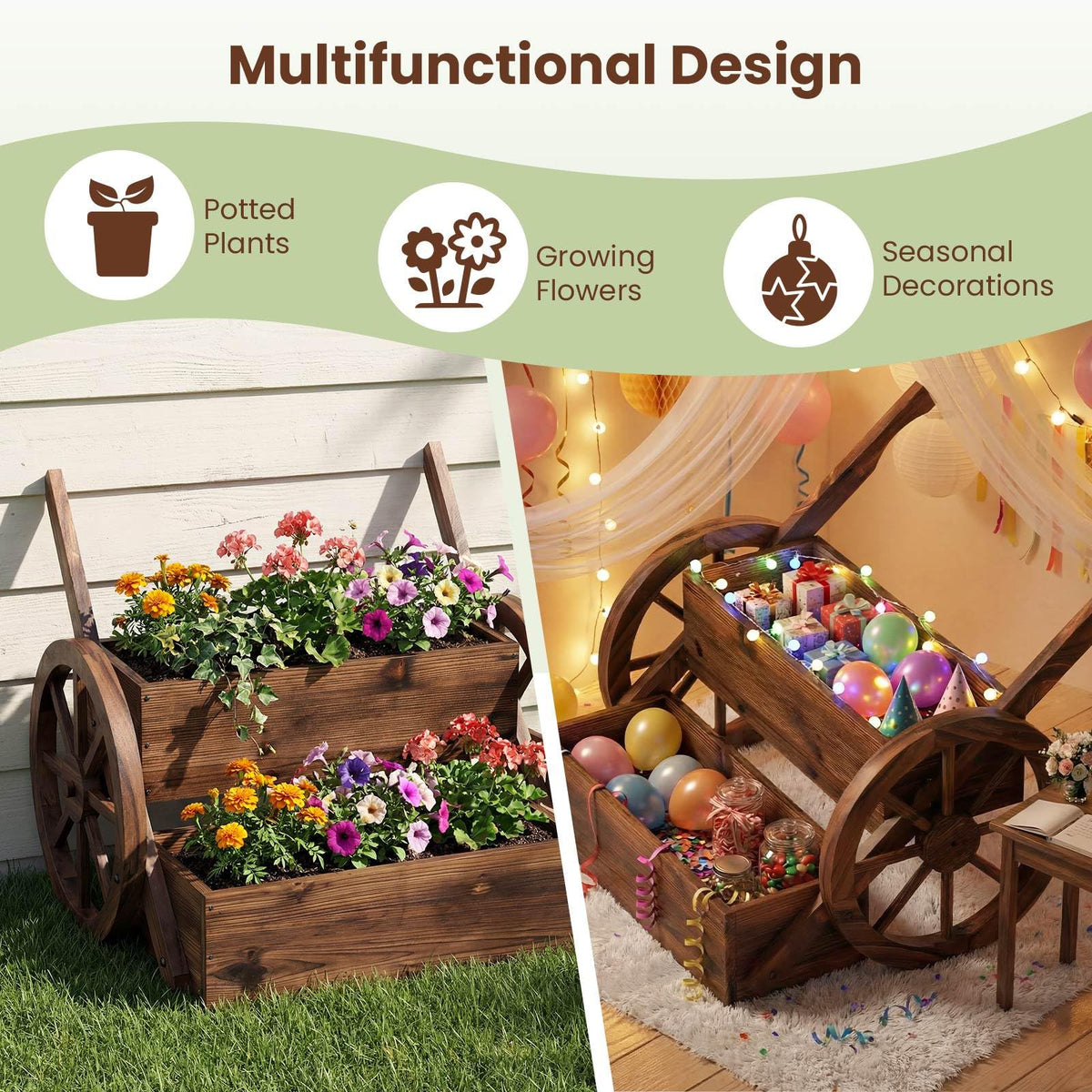 2-Tier Versatile Raised Garden Bed with Wheels and Rustic Wood Wagon Planter