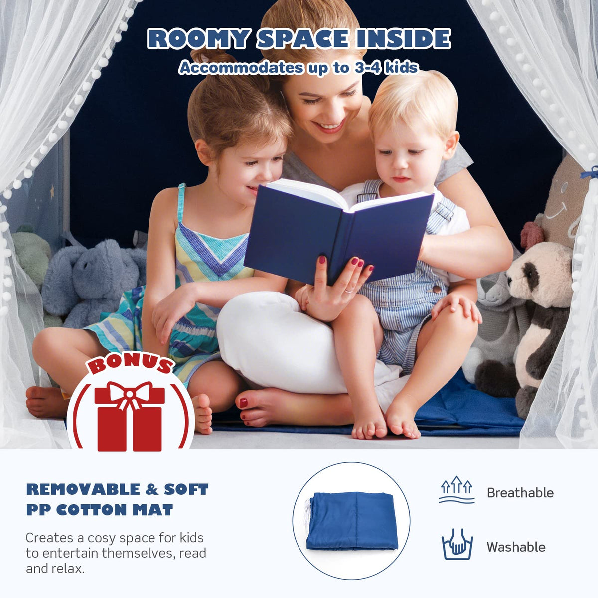 Large Kids Play Tent with Removable Padded Mat & Gauze Door Curtain