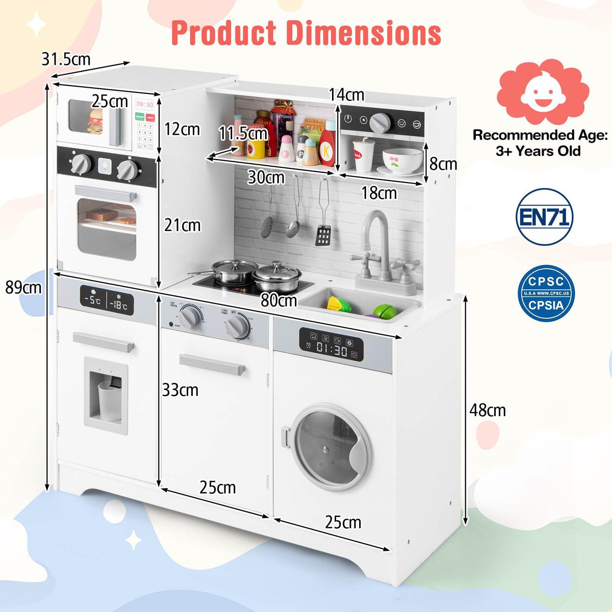 Kids Play Kitchen Toy Set with Water Dispenser and Washing Machine for Kids