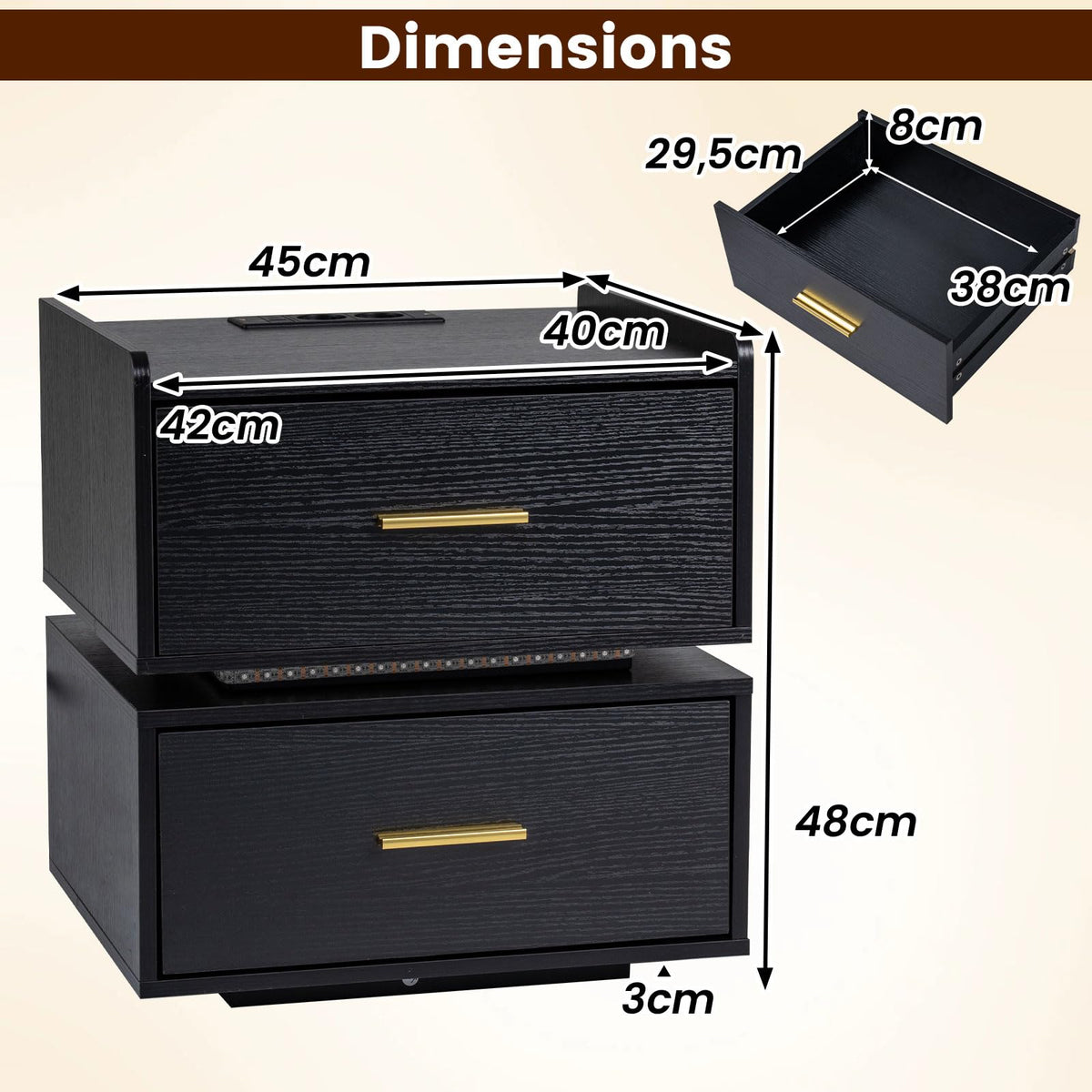 Nightstand with Charging Station, LED Bedside Table with 2 Storage Drawers