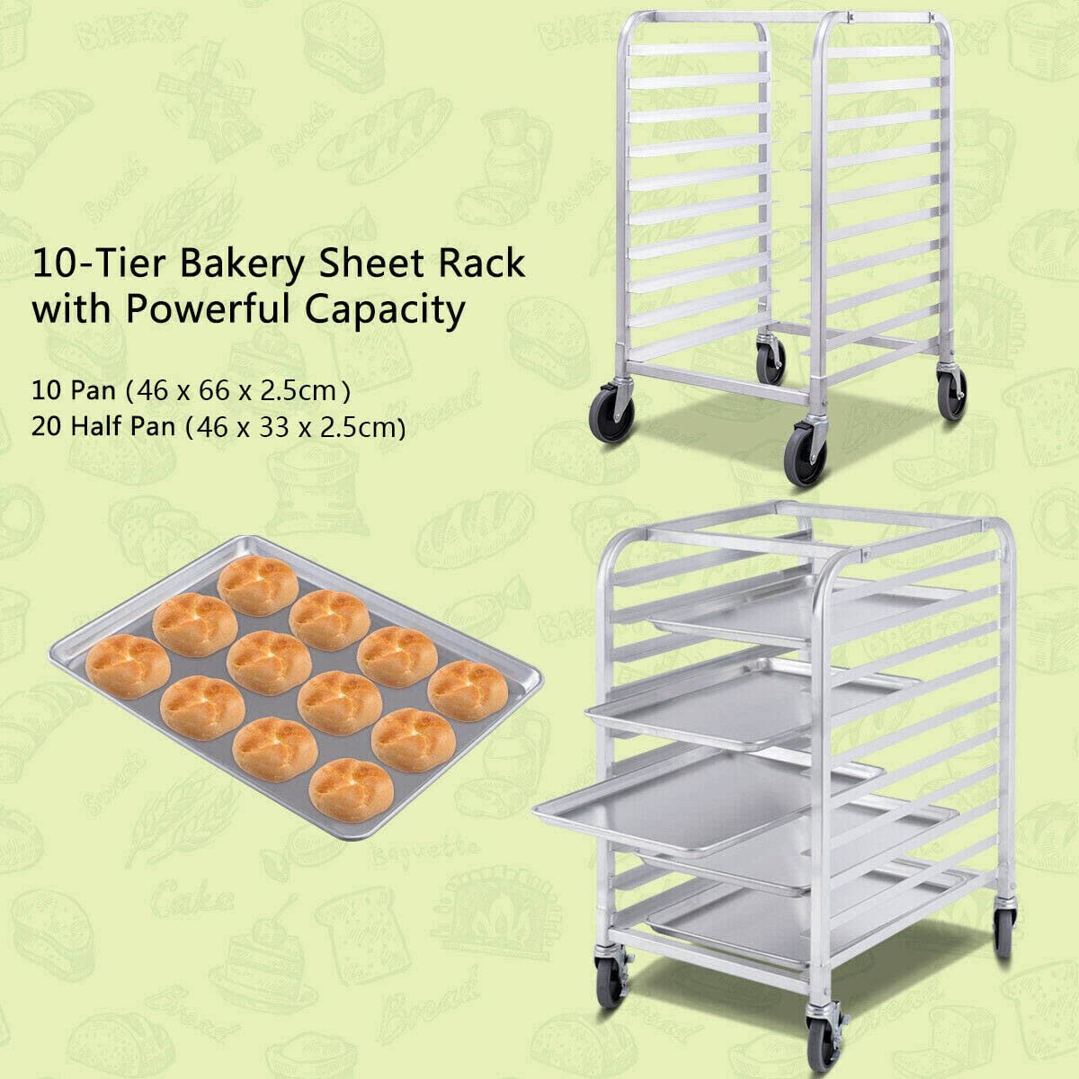 Giantex 10 Tier Aluminum Bakery Rack, Home Commercial Kitchen Bun Pan Bakery Rack, Utility Rolling Sheet Pan Rack
