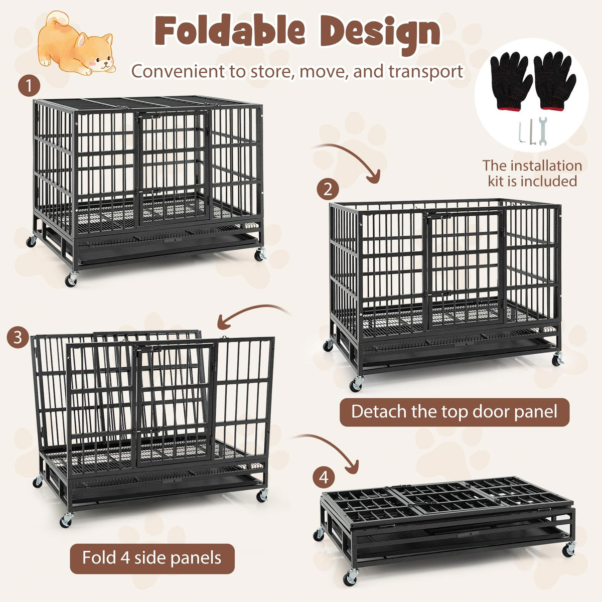 96CM/120CM Foldable Heavy-Duty Metal Dog Cage W/Lockable Rolling Casters, Removable Tray, 2 Lockable Doors