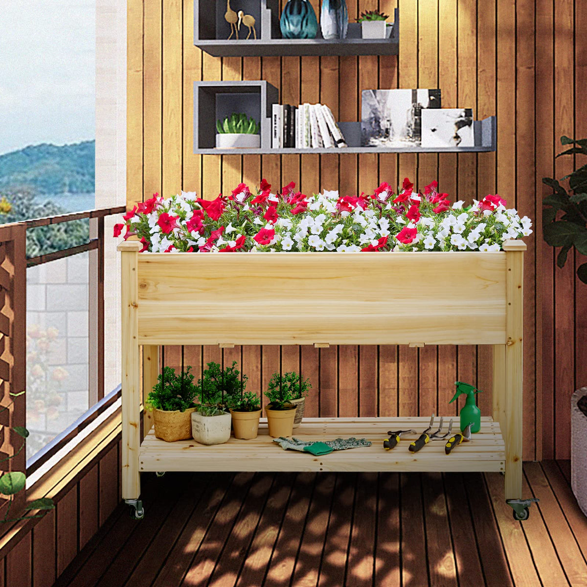 Elevated Wooden Planter Box with Lockable Wheels and Shelf