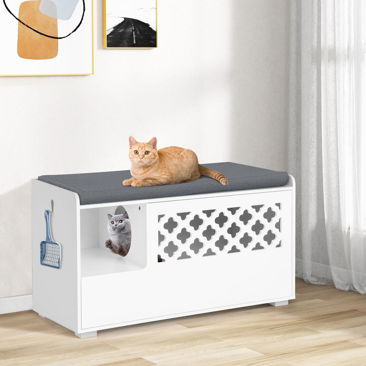 Cat Litter Box Enclosure, Cat Litter Box Bench, Storage Cabinet Furniture Hidden with Removable Cushion