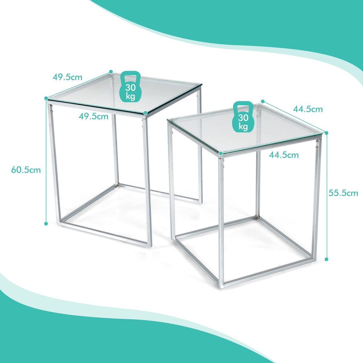 Giantex Nesting Glass Coffee Table Set of 2, Modern Home Coffee Table Set with Tempered Glass Top & Metal Frame