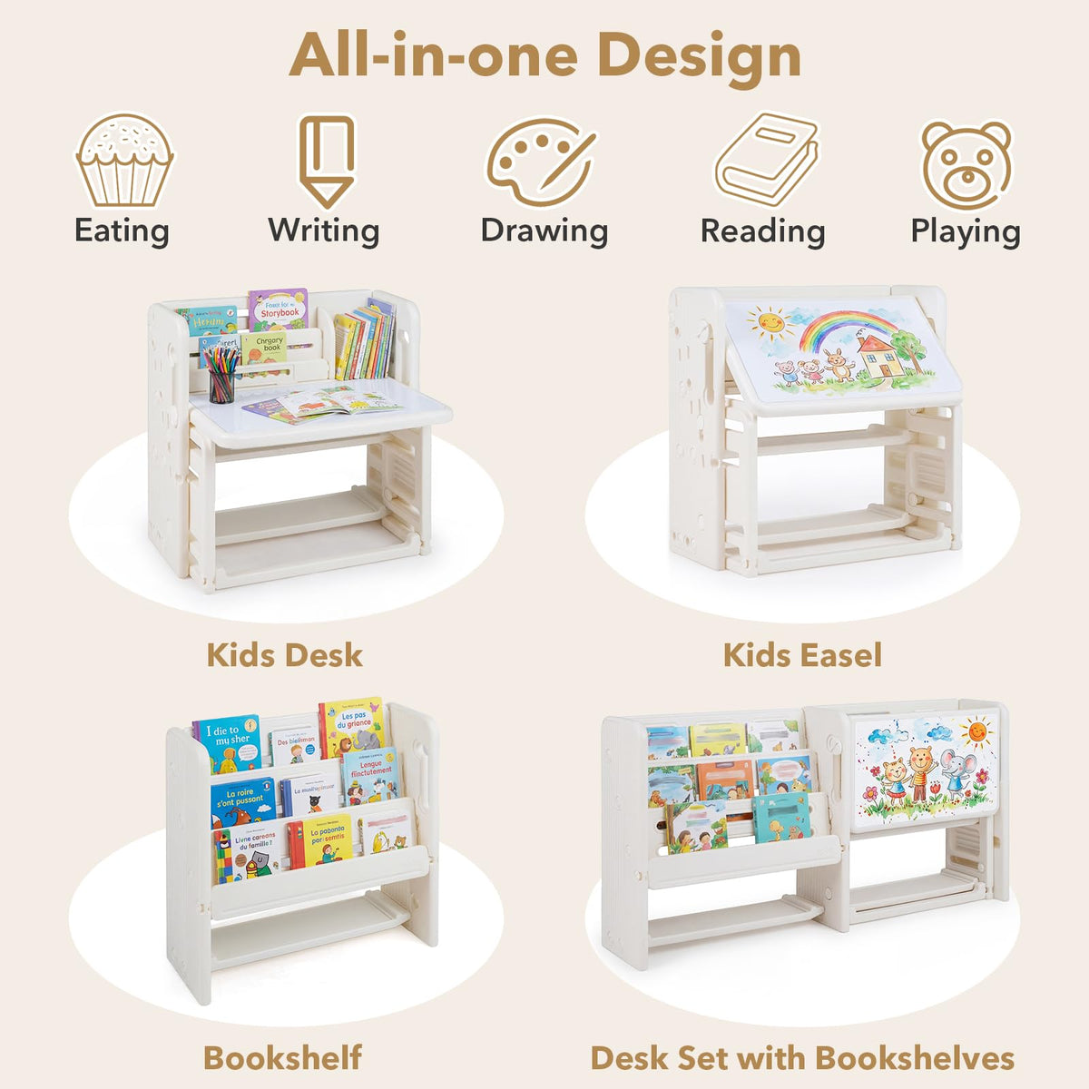 Kids Desk and Chair Set, Children Writing Desk with Side Bookshelves & Storage Baskets