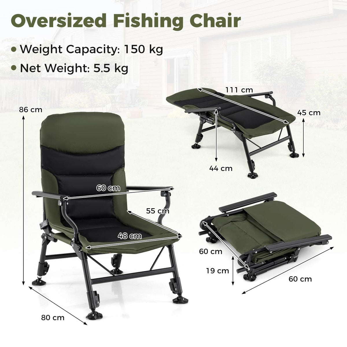 Oversized Foldable Fishing Chair for Adults with Padded High-Back and Armrest