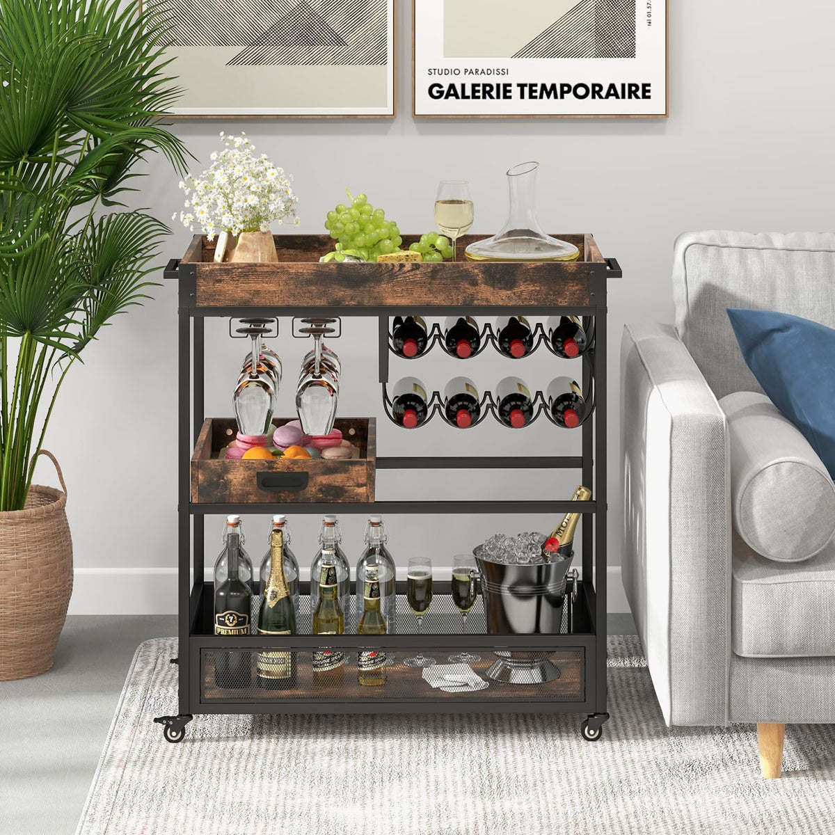Giantex Rolling Bar Cart, 3-Tier Industrial Buffet Serving Cart with Wine Rack