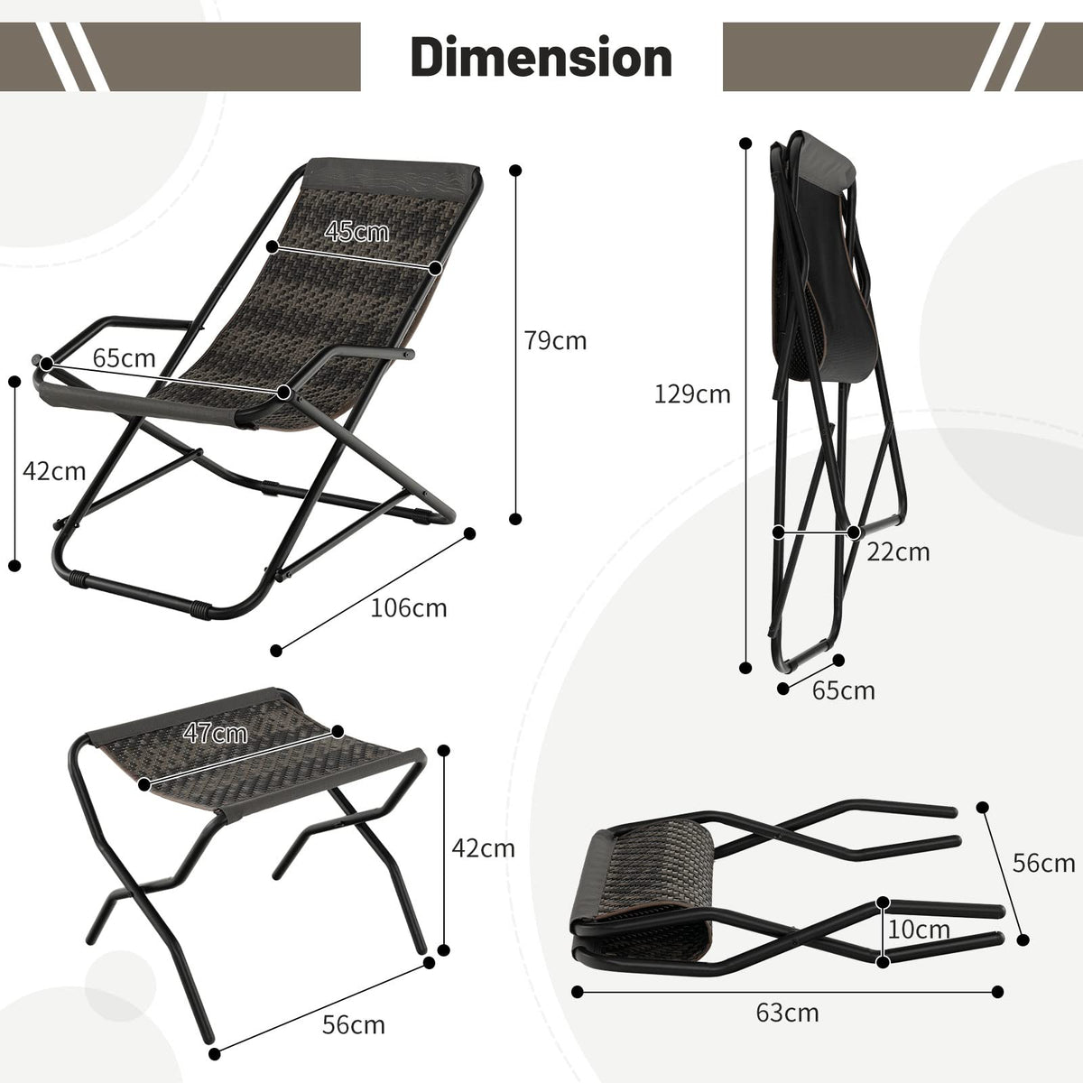 Outdoor PE Wicker Folding Sling Chair with Armrests and Metal Frame