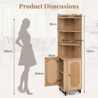 PE Rattan Corner Cabinet 172 cm Tall Corner Bookcase with 2 Doors and 4 Open Shelves