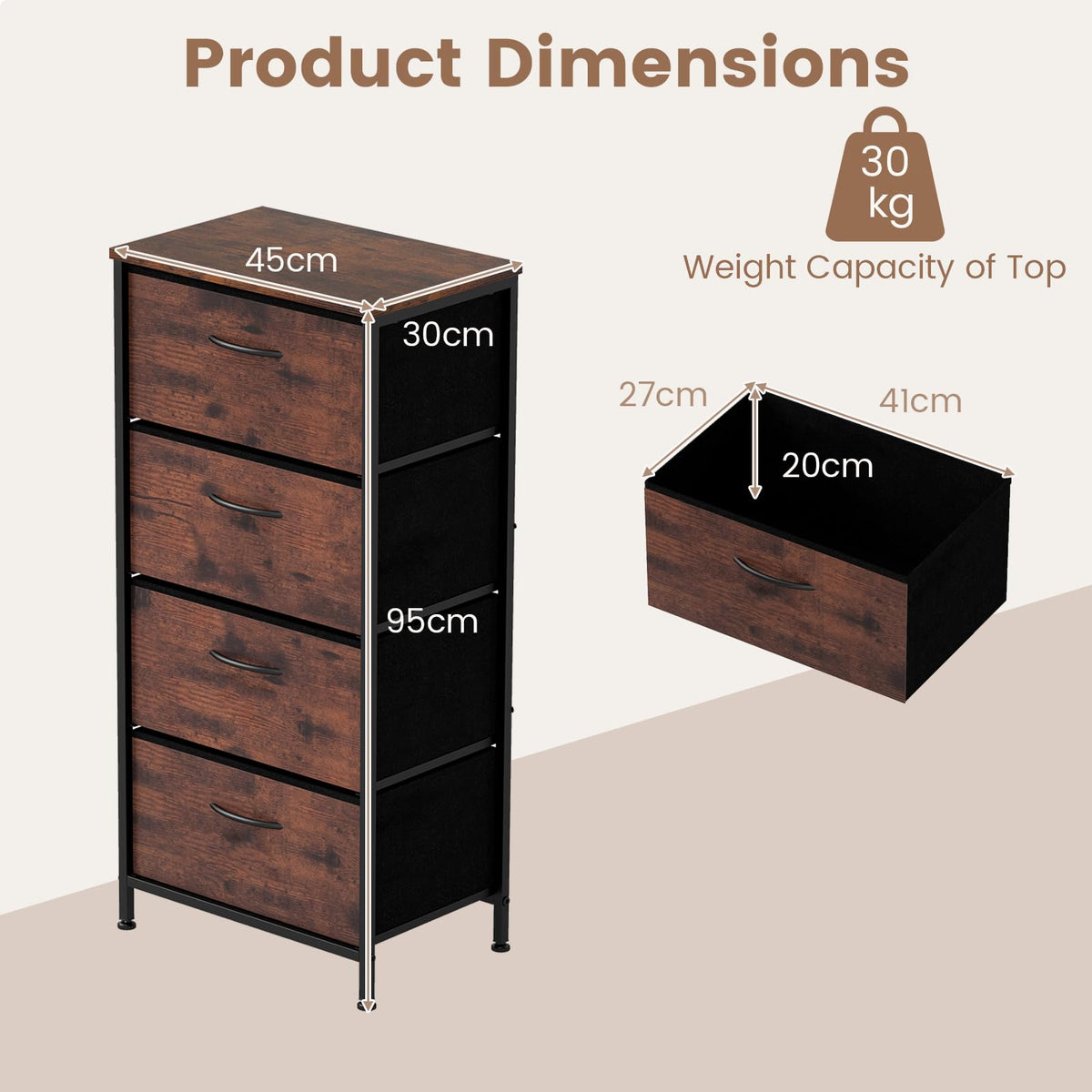 4 Drawers Dresser with Wooden Top and Heavy Duty Metal Frame