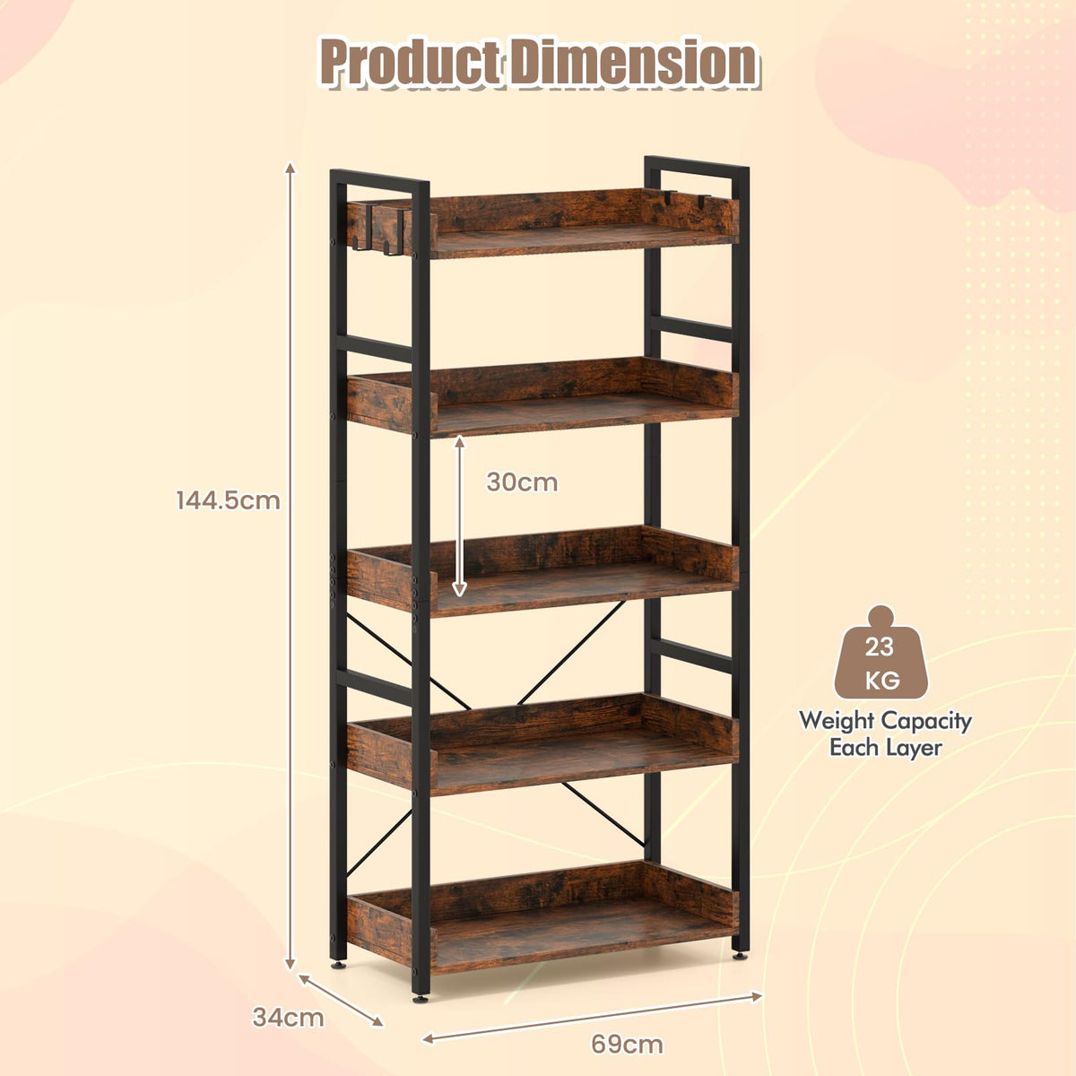 5-Tier Bookshelf,Tall Industrial Bookcase w/Open Shelves & 4 Hooks