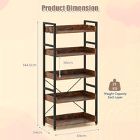 5-Tier Bookshelf,Tall Industrial Bookcase w/Open Shelves & 4 Hooks