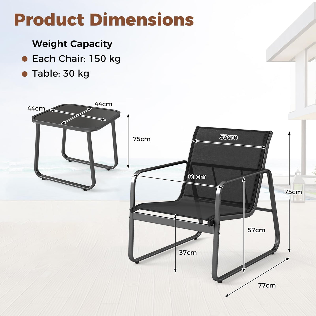 3 Pieces Patio Conversation Set Outdoor Metal Chair and Table Set Breathable Fabric