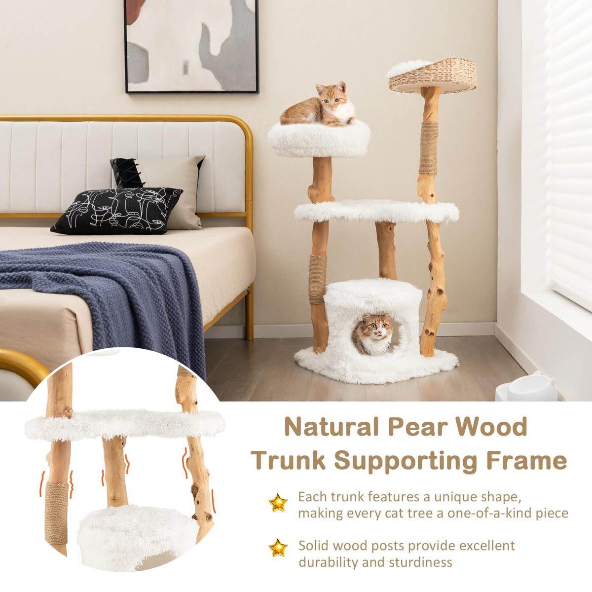 124 CM Tall Wooden Cat Tree, Solid Wood Cat Tower