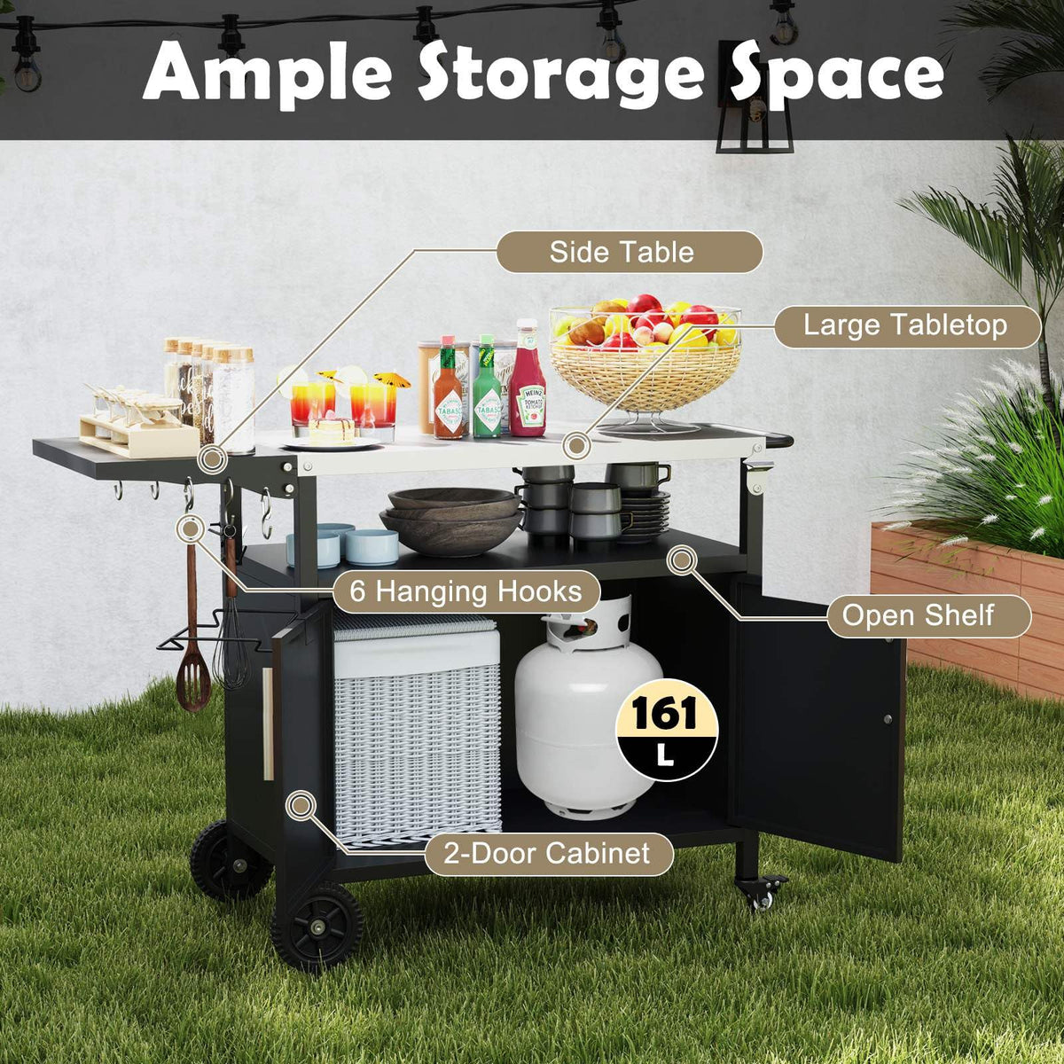 Grill Cart with Storage Outdoor Kitchen Island with Folding Stainless Steel Top