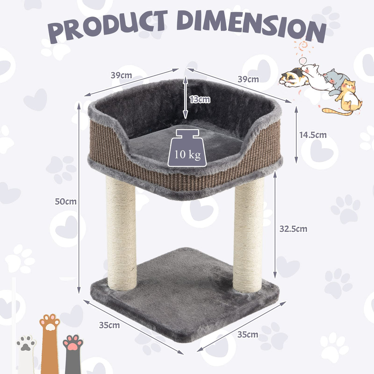 Cat Tree Tower, Compact 2-Tier Cat Activity Tree with Large Plush Top Perch Bed, Natural Sisal Wrapped Scratching Posts