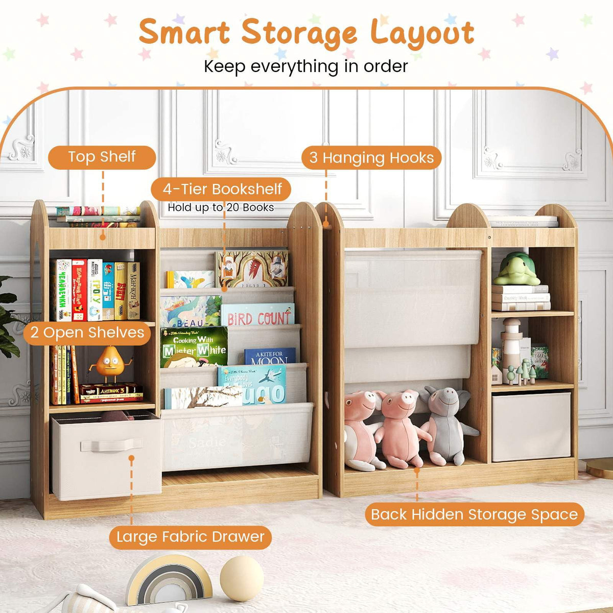 Toy Storage Organizer with Full-Length Mirror and 4-Tier Sling Shelves