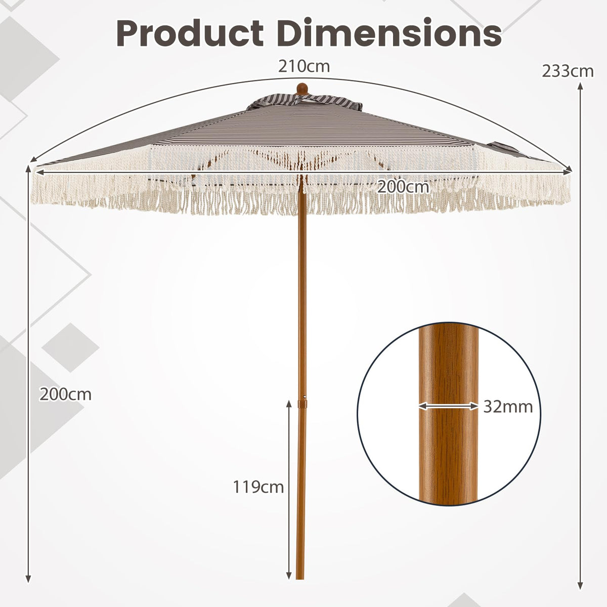 2.1m Patio Umbrella with Fringe Sun-Protective Polyester Canopy