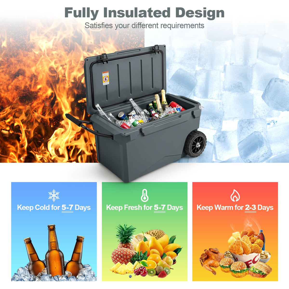 Cooler Ruler Hard Cooler w/Wheels & Handle Ruler & Cup Holders Ice Retention Portab ...
