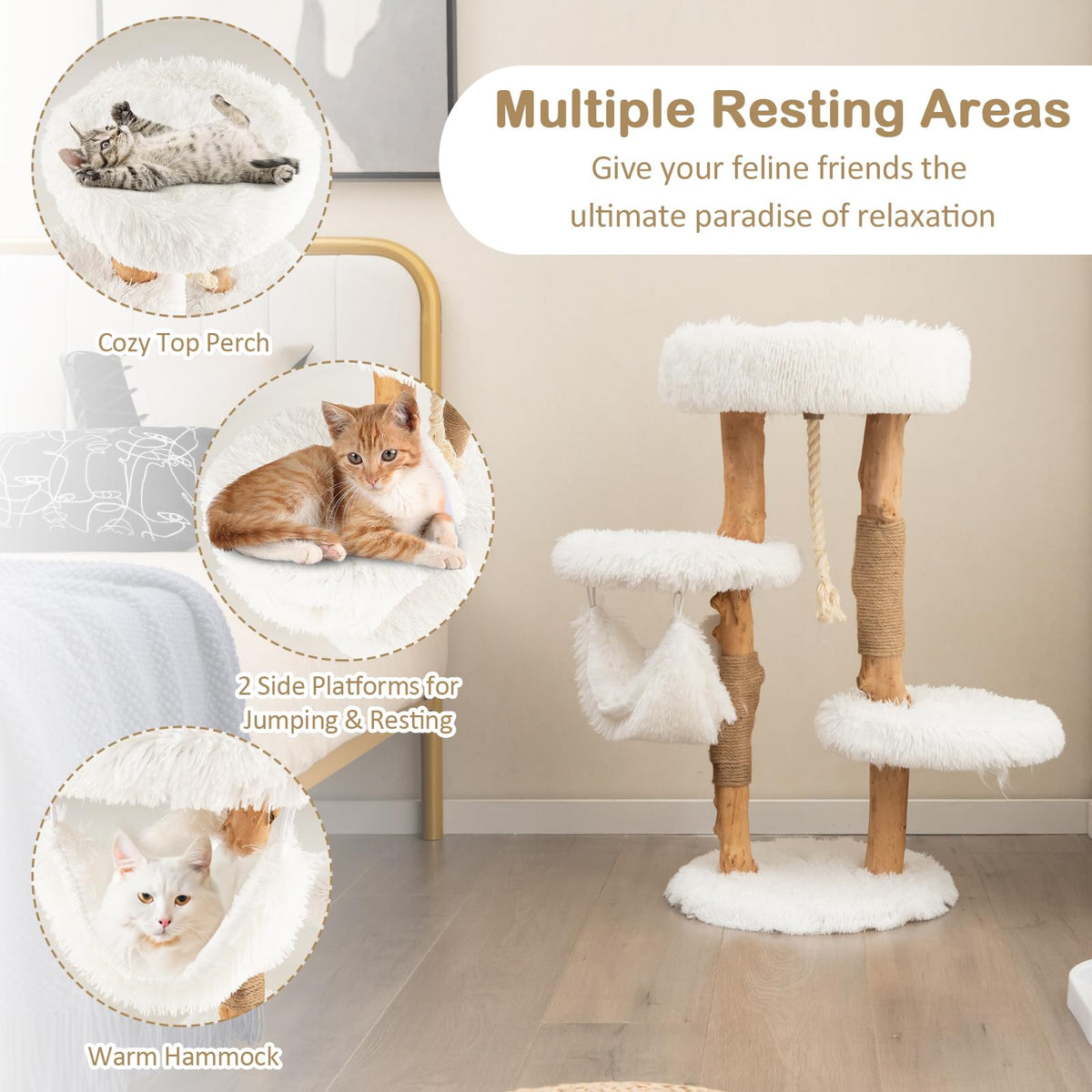 87 CM Tall Wooden Cat Tree, Solid Wood Cat Tower with Jute Scratching Posts
