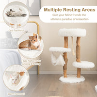 87 CM Tall Wooden Cat Tree, Solid Wood Cat Tower with Jute Scratching Posts