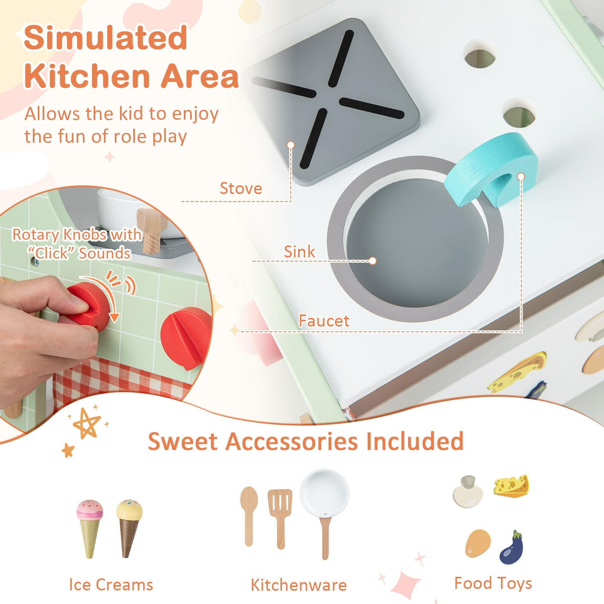 6-in-1 Toddler Push and Pull Walker with Play Kitchen for Kids-Green