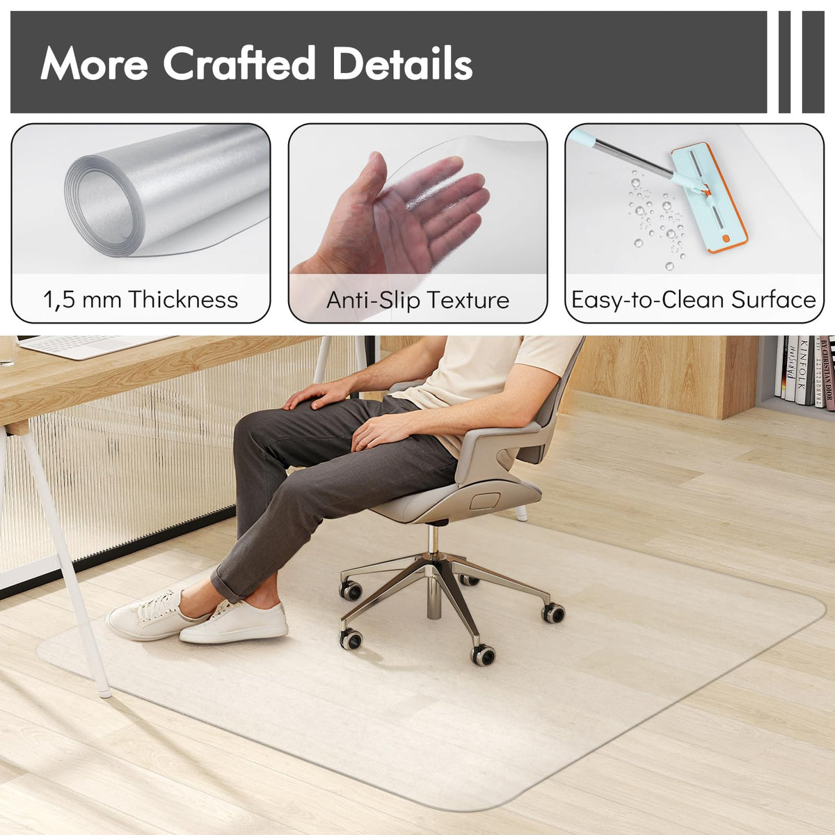180 x 160 cm Office Chair Mat with Transparent PVC for Hardwood Floor