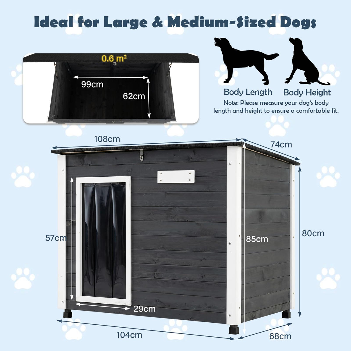 Wooden Dog House Outdoor Weatherproof with PVC Curtain 2 Size