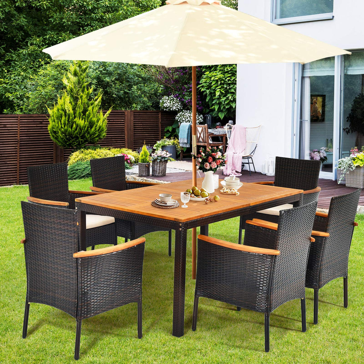 7 Piece Patio Dining Set, Outdoor Rattan Dining Furniture