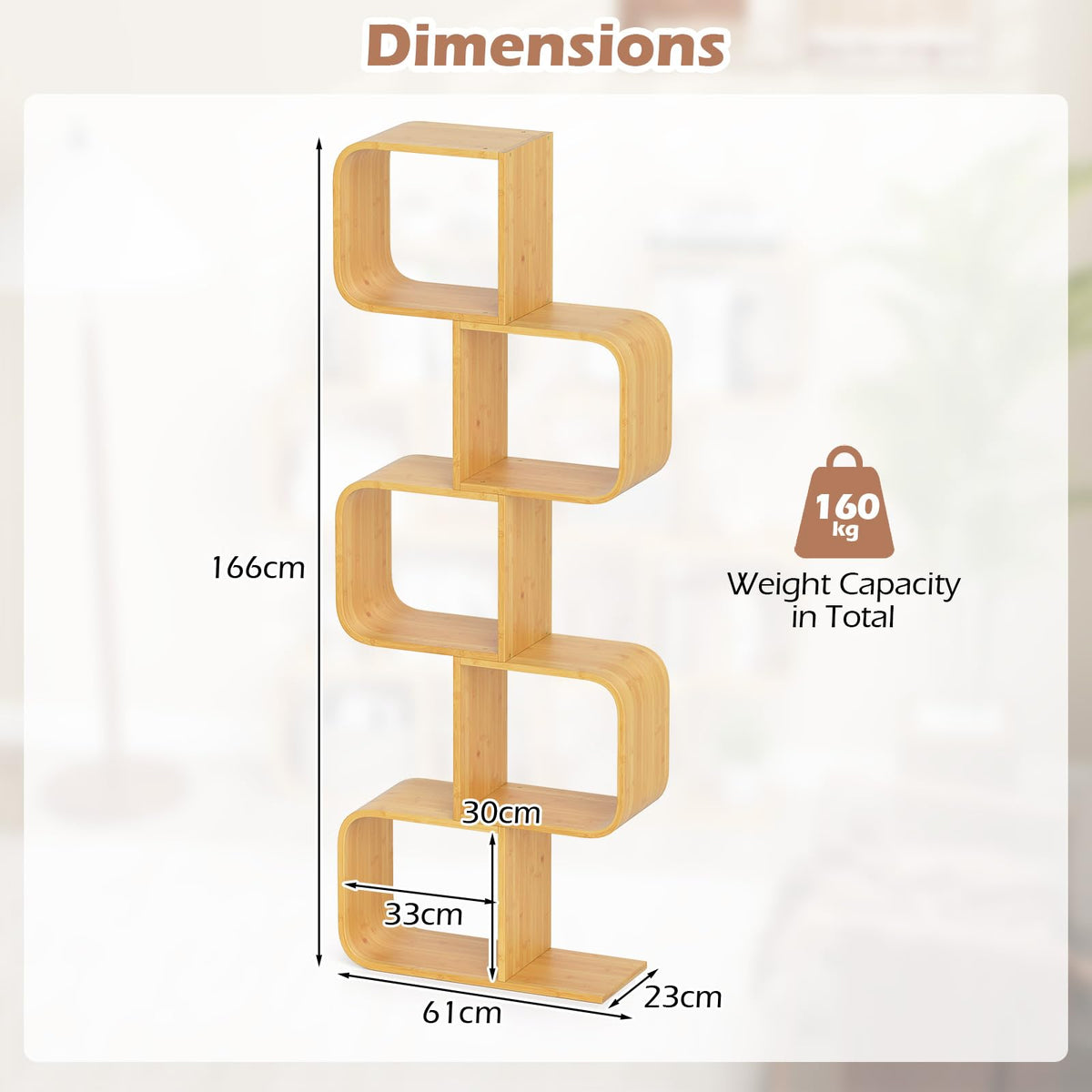 Bamboo Bookshelf with 5 Open Cubes