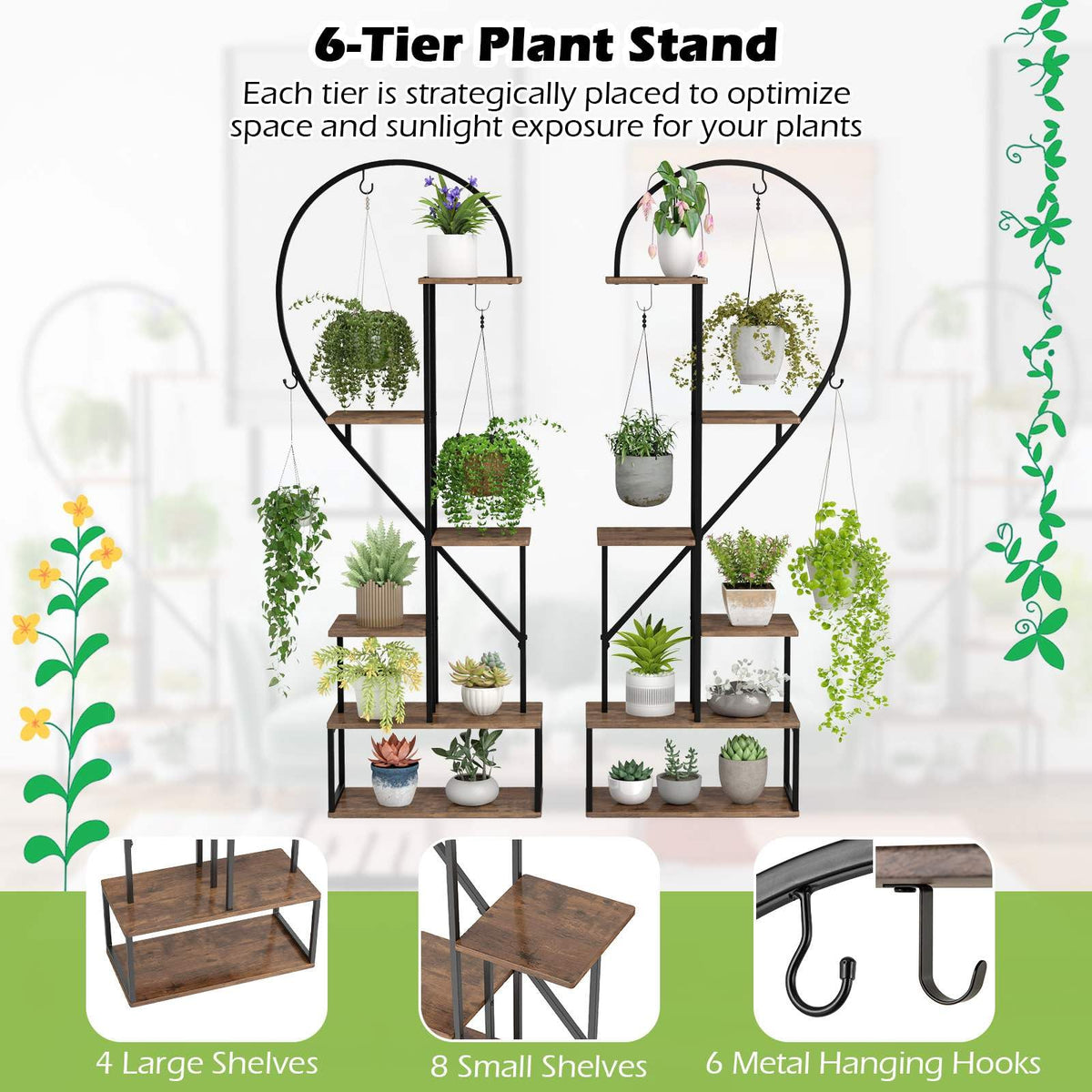 6-Tier Metal Plant Stand, Heart-Shape Ladder Plant Shelves, 2 Pack