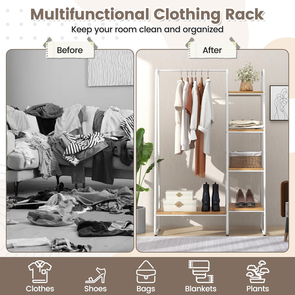 Giantex Clothes Rack, Free-Standing Garment Clothing Rack with 5-Tier Wood Shelves