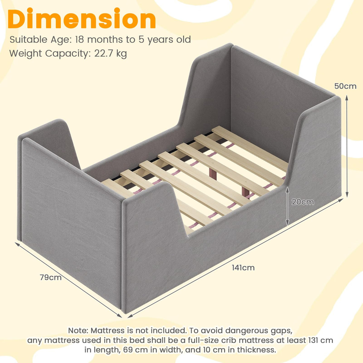 Velvet Fabric Children Floor Bed with Safety Rails and Headboard