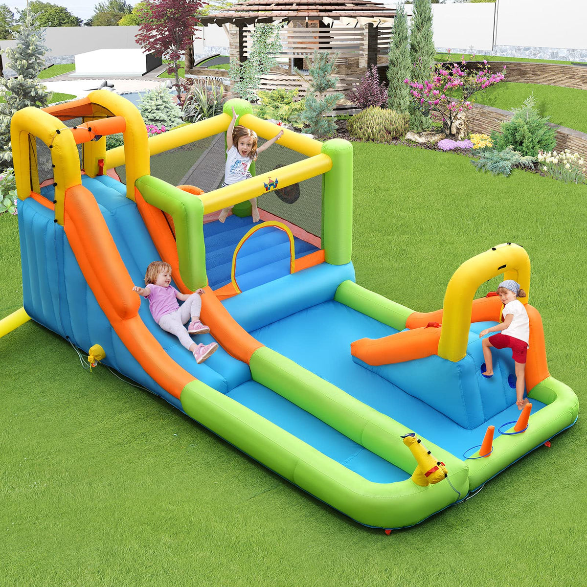 Inflatable Water Slide, Inflatable Bounce House w/Double Slides, Basketball Hoop